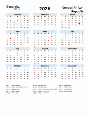 Central African Republic current year calendar 2026 with holidays
