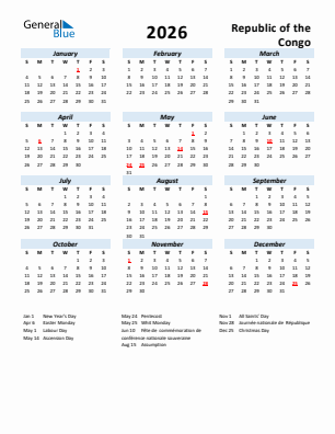 Republic of the Congo current year calendar 2026 with holidays