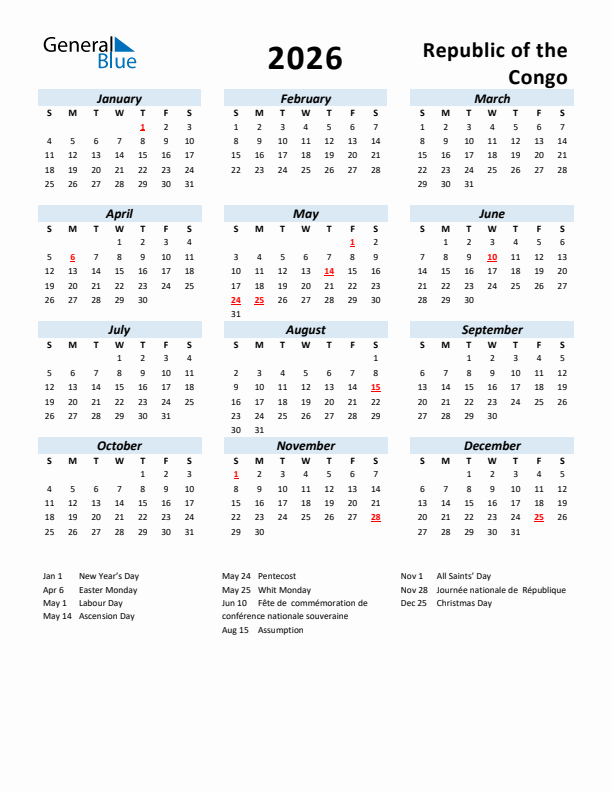 2026 Calendar for Republic of the Congo with Holidays