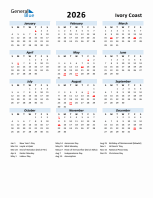 Ivory Coast current year calendar 2026 with holidays