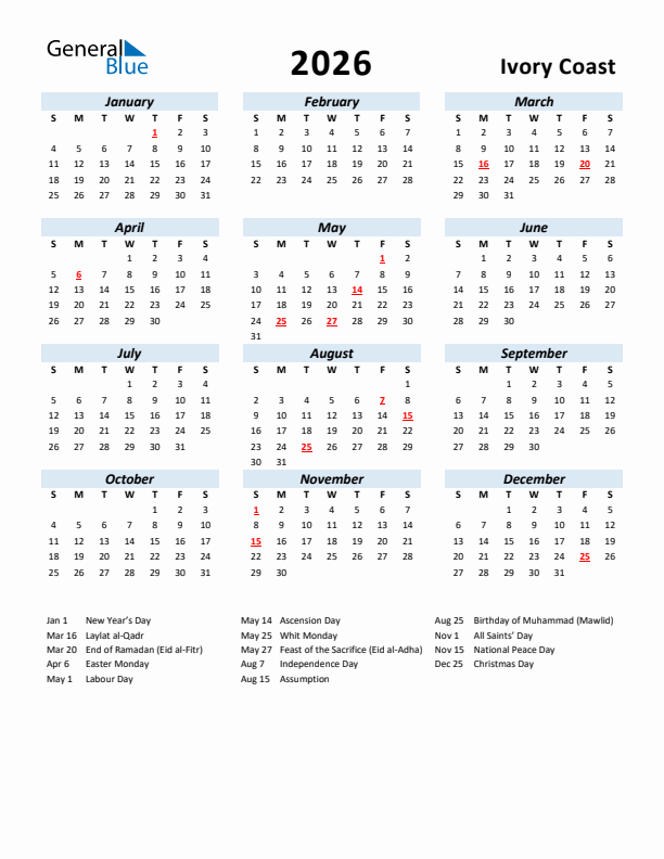 2026 Calendar for Ivory Coast with Holidays