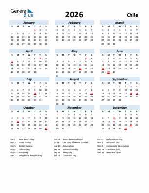 Chile current year calendar 2026 with holidays