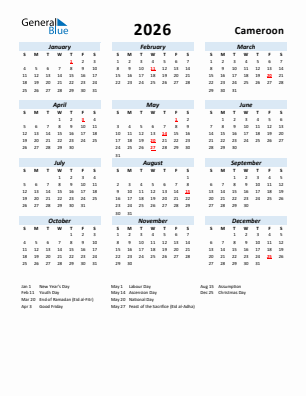 Cameroon current year calendar 2026 with holidays