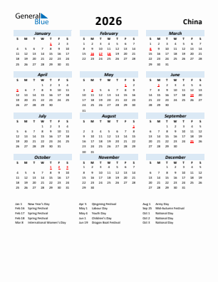 China current year calendar 2026 with holidays