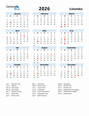 Colombia current year calendar 2026 with holidays