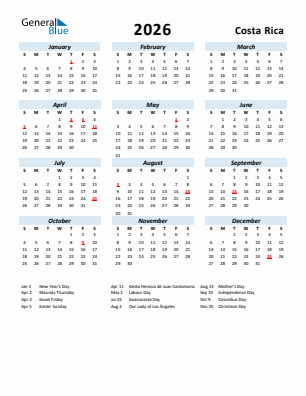 Costa Rica current year calendar 2026 with holidays