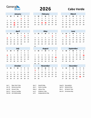 Cabo Verde current year calendar 2026 with holidays