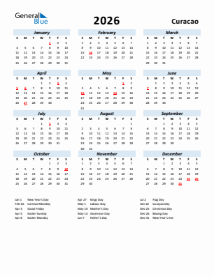 Curacao current year calendar 2026 with holidays
