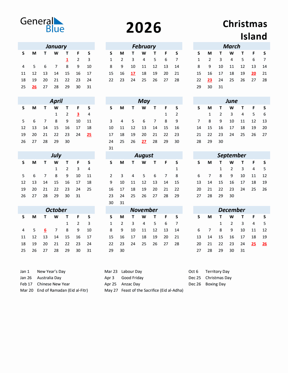 2026 Yearly Calendar for Christmas Island with Holidays