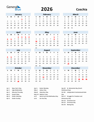 Czechia current year calendar 2026 with holidays