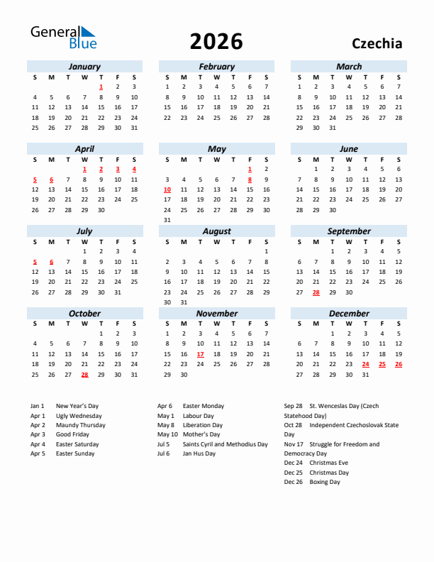 2026 Calendar for Czechia with Holidays