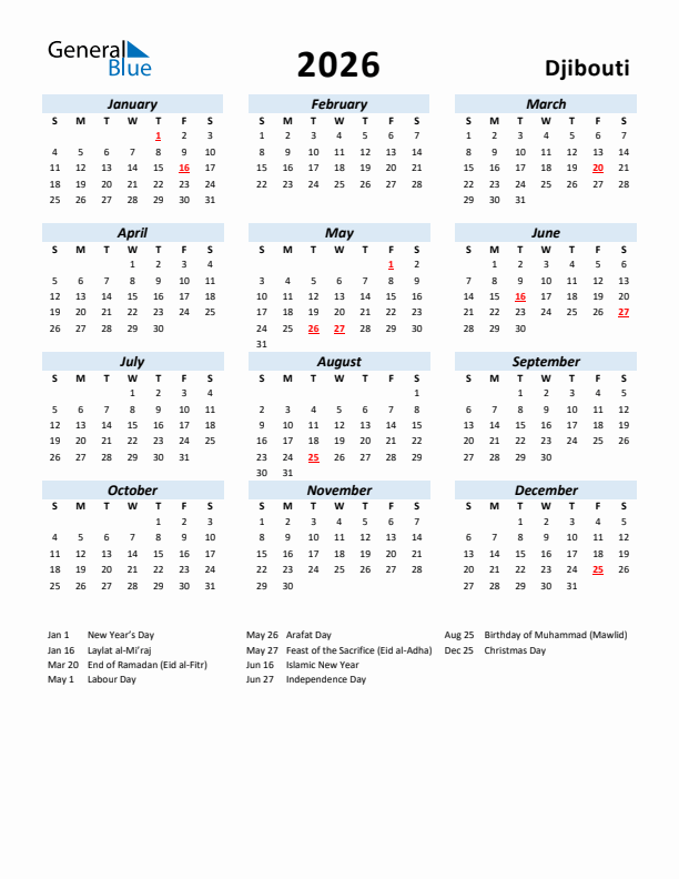 2026 Calendar for Djibouti with Holidays