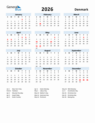Denmark current year calendar 2026 with holidays