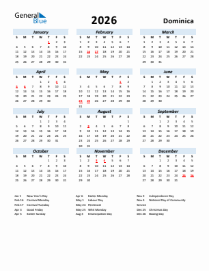 Dominica current year calendar 2026 with holidays