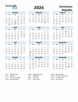 Dominican Republic current year calendar 2026 with holidays