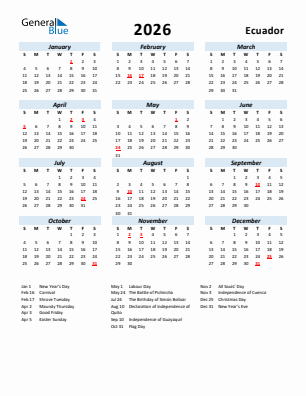 Ecuador current year calendar 2026 with holidays