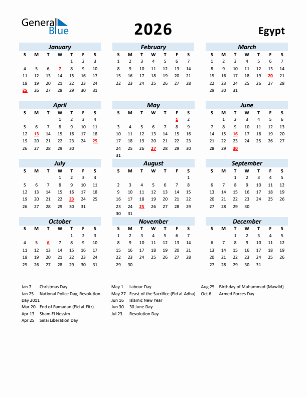 2026 Calendar for Egypt with Holidays