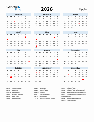 Spain current year calendar 2026 with holidays