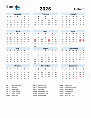 Finland current year calendar 2026 with holidays