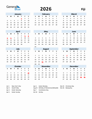Fiji current year calendar 2026 with holidays