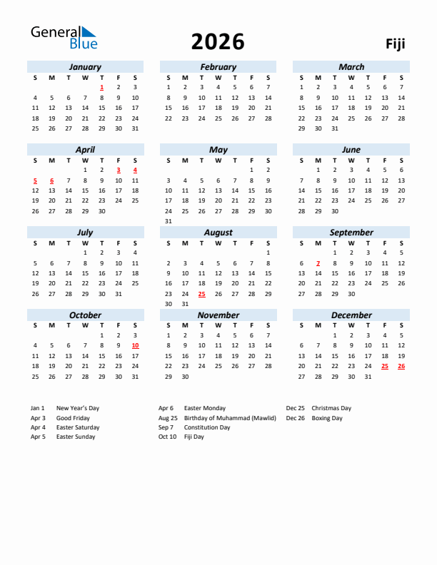 2026 Calendar for Fiji with Holidays
