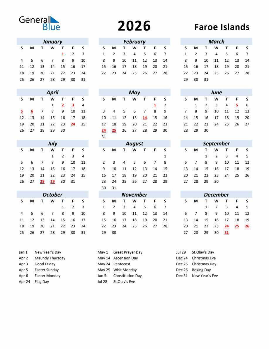 2026 Yearly Calendar for Faroe Islands with Holidays
