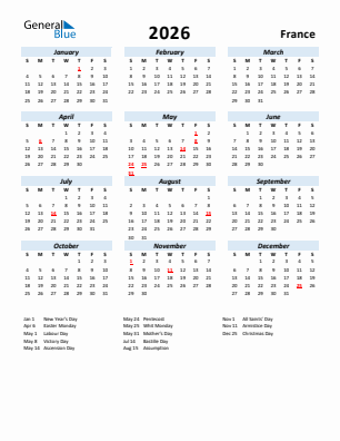 France current year calendar 2026 with holidays
