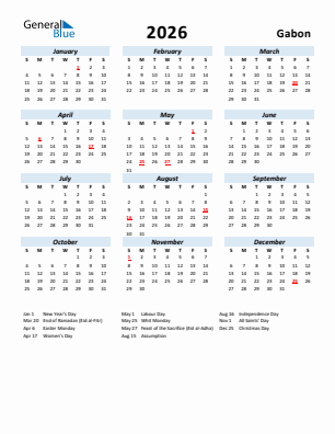 Gabon current year calendar 2026 with holidays