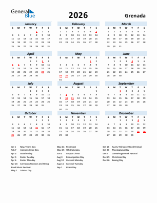 Grenada current year calendar 2026 with holidays