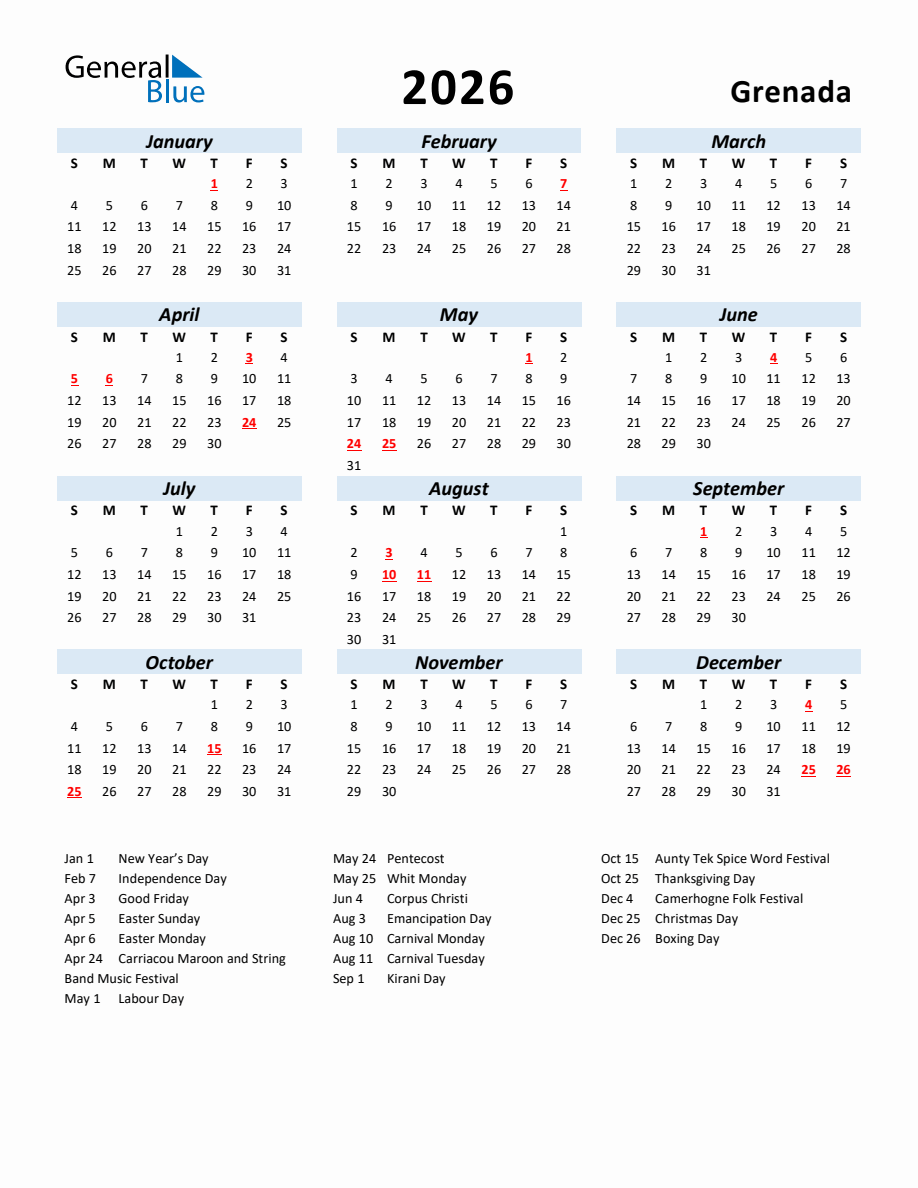 2026 Yearly Calendar for Grenada with Holidays