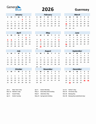 Guernsey current year calendar 2026 with holidays
