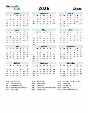 Ghana current year calendar 2026 with holidays