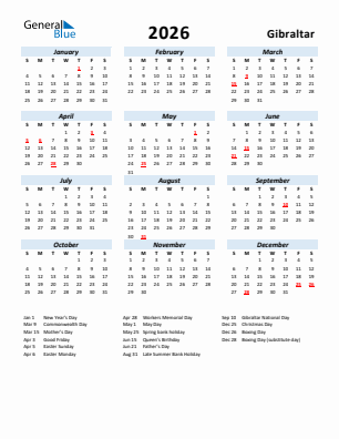 Gibraltar current year calendar 2026 with holidays