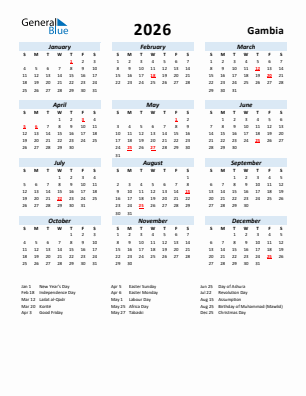 Gambia current year calendar 2026 with holidays
