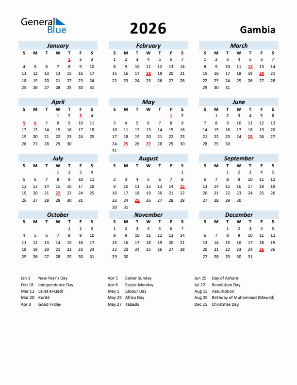 2026 Calendar for Gambia with Holidays