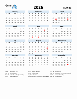 Guinea current year calendar 2026 with holidays