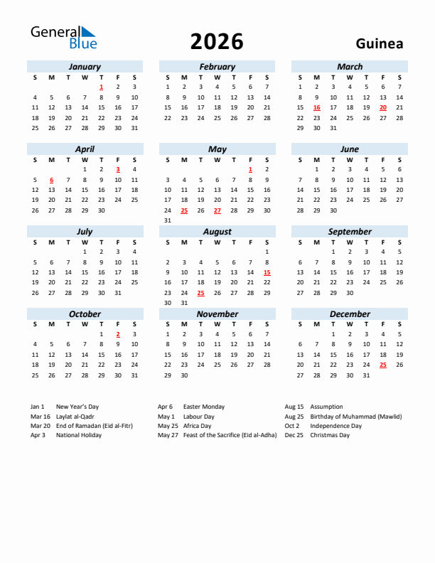 2026 Calendar for Guinea with Holidays
