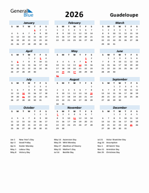 Guadeloupe current year calendar 2026 with holidays