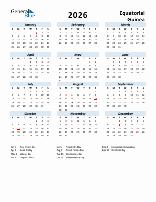 Equatorial Guinea current year calendar 2026 with holidays