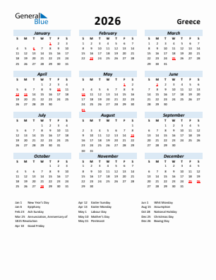 Greece current year calendar 2026 with holidays