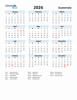 Guatemala current year calendar 2026 with holidays