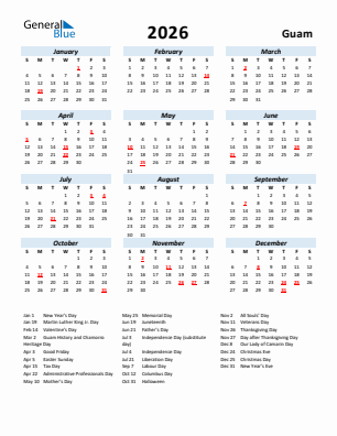 Guam current year calendar 2026 with holidays