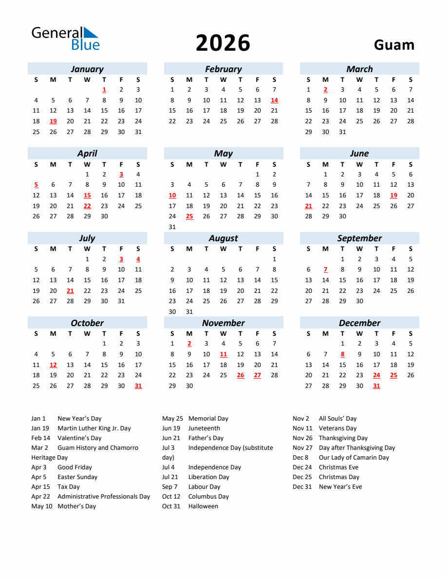 2026 Yearly Calendar for Guam with Holidays
