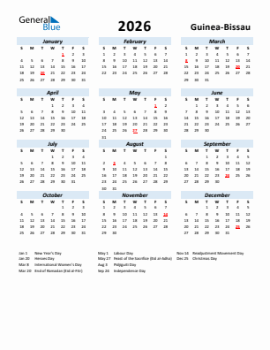 Guinea-Bissau current year calendar 2026 with holidays