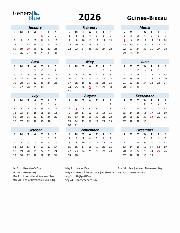 2026 Calendar for Guinea-Bissau with Holidays