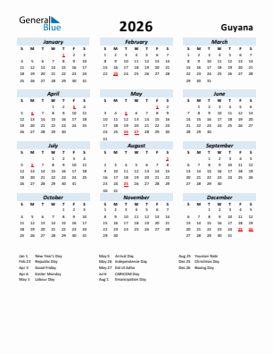 Guyana current year calendar 2026 with holidays