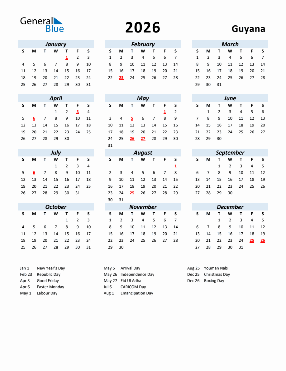 2026 Yearly Calendar for Guyana with Holidays