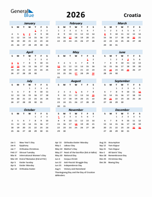 Croatia current year calendar 2026 with holidays