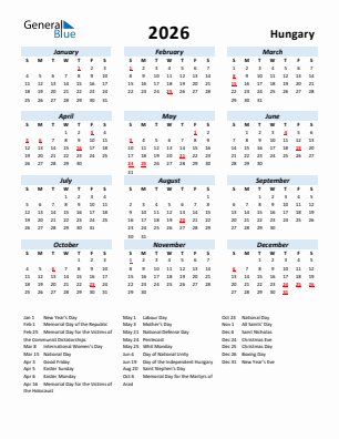 Hungary current year calendar 2026 with holidays