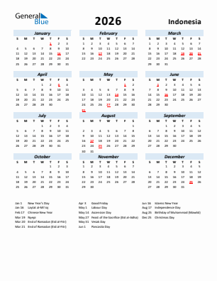 Indonesia current year calendar 2026 with holidays